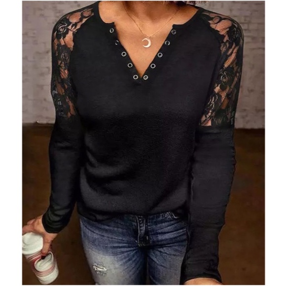 BellanBlue Tops - #31 Boho Black Floral Lace Sheer Sleeve Top Minimalist